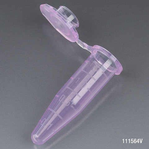 Microcentrifuge Tube, 1.5mL, PP, Attached Snap Cap, Graduated, Violet, Certified: Rnase, Dnase and Pyrogen Free, 500/Stand Up Zip Lock Bag