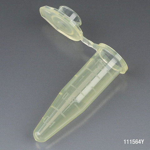 Microcentrifuge Tube, 1.5mL, PP, Attached Snap Cap, Graduated, Yellow, Certified: Rnase, Dnase and Pyrogen Free, 500/Stand Up Zip Lock Bag