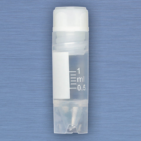 CryoCLEAR vials, 1.0mL, STERILE, Internal Threads, Attached Screwcap with Co-Molded Thermoplastic Elastomer (TPE) Sealing Layer, Conical Bottom, Self-Standing, Printed Graduations, Writing Space and Barcode, 50/Bag