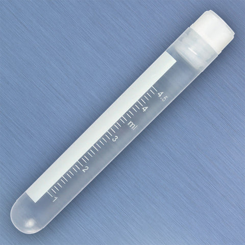 CryoCLEAR vials, 5.0mL, STERILE, Internal Threads, Attached Screwcap with Co-Molded Thermoplastic Elastomer (TPE) Sealing Layer, Round Bottom, Printed Graduations, Writing Space and Barcode, 50/Bag