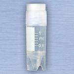 CryoCLEAR vials, 1.0mL, STERILE, External Threads, Attached Screwcap with Co-Molded Thermoplastic Elastomer (TPE) Sealing Layer, Conical Bottom, Self-Standing, Printed Graduations, Writing Space and Barcode, 50/Bag