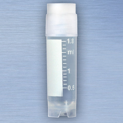 CryoCLEAR vials, 2.0mL, STERILE, External Threads, Attached Screwcap with Co-Molded Thermoplastic Elastomer (TPE) Sealing Layer, Round Bottom, Self-Standing, Printed Graduations, Writing Space and Barcode, 50/Bag