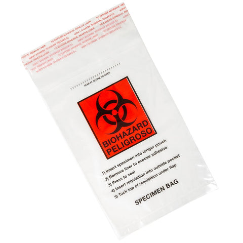 Bag, Biohazard Specimen Transport, 6" x 9", Ziplock with Document Pouch and Tearzone, 100/Pack, 10 Packs/Unit