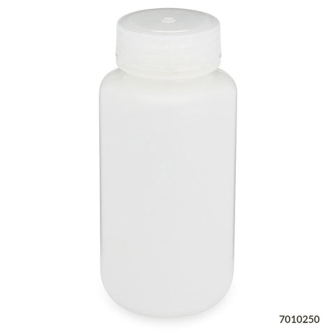 Bottle, Wide Mouth, HDPE Bottle, Attached PP Screw Cap, 250mL, 12/Pack