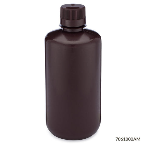 Bottle, Narrow Mouth, HDPE Bottle, Attached PP Screw Cap, Amber, 1000mL, 6/Pack