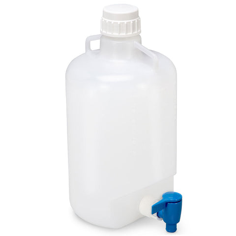 Carboy, Round with Spigot and Handles, PP, White PP Screwcap, 5 Liter, Molded Graduations, Autoclavable