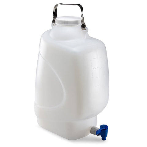 Carboy, Rectangular with Spigot and Handle, PP, White PP Screwcap, 20 Liter, Molded Graduations, Autoclavable