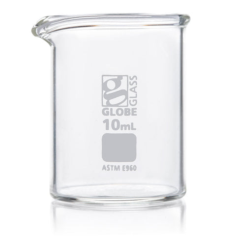 Beaker, Globe Glass, 10mL, Low Form Griffin Style, ASTM E960, 12/Box