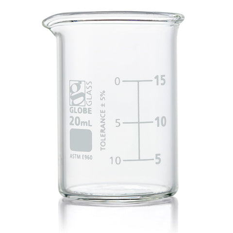 Beaker, Globe Glass, 20mL, Low Form Griffin Style, Dual Graduations, ASTM E960, 12/Box