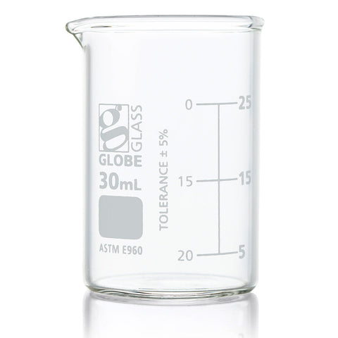 Beaker, Globe Glass, 30mL, Low Form Griffin Style, Dual Graduations, ASTM E960, 12/Box