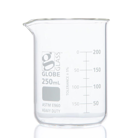 Beaker, Globe Glass, 250mL, Low Form Griffin Style,Heavy Duty, Dual Graduations, ASTM E960, 12/Box