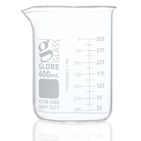 Beaker, Globe Glass, 400mL, Low Form Griffin Style, Heavy Duty, Dual Graduations, ASTM E960, 12/Box