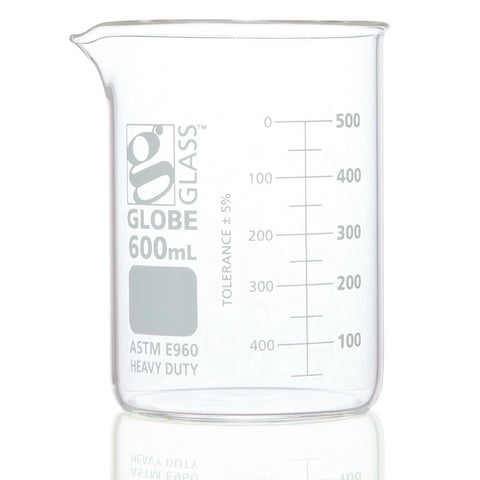 Beaker, Globe Glass, 600mL, Low Form Griffin Style, Heavy Duty, Dual Graduations, ASTM E960, 6/Box