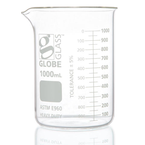 Beaker, Globe Glass, 1000mL, Low Form Griffin Style, Heavy Duty, Dual Graduations, ASTM E960, 6/Box