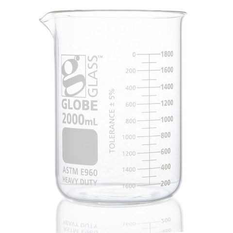 Beaker, Globe Glass, 2000mL, Low Form Griffin Style, Heavy Duty, Dual Graduations, ASTM E960, 4/Box