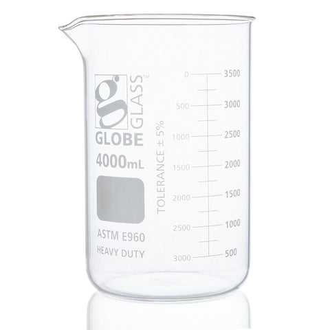 Beaker, Globe Glass, 4000mL, Low Form Griffin Style, Heavy Duty, Dual Graduations, ASTM E960, 1/Box