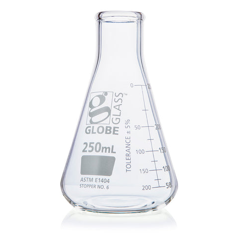 Flask, Erlenmeyer, Globe Glass, 250mL, Narrow Mouth, Dual Graduations, ASTM E1404, 12/Box