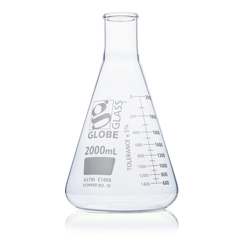 Flask, Erlenmeyer, Globe Glass, 2000mL, Narrow Mouth, Dual Graduations, ASTM E1404, 4/Box