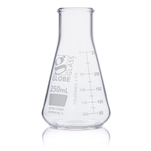 Flask, Erlenmeyer, Globe Glass, 250mL, Wide Mouth, Dual Graduations, ASTM E1404, 12/Box