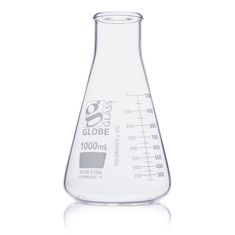 Flask, Erlenmeyer, Globe Glass, 1000mL, Wide Mouth, Dual Graduations, ASTM E1404, 6/Box