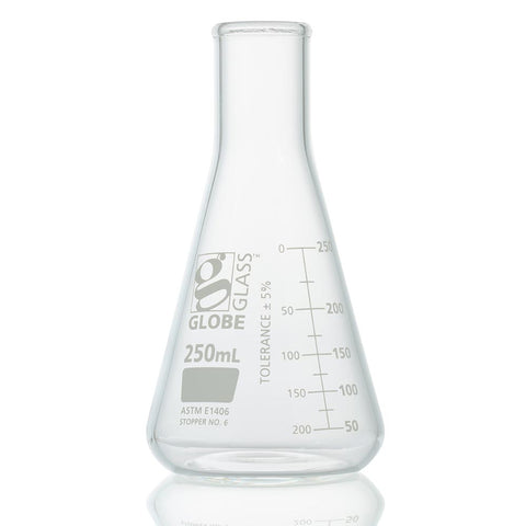 Flask, Erlenmeyer, Globe Glass, 250mL, Heavy Duty, Narrow Mouth, Dual Graduations, ASTM E1406, 6/Box