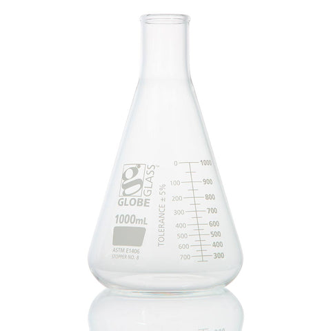 Flask, Erlenmeyer, Globe Glass, 1000mL, Heavy Duty, Narrow Mouth, Dual Graduations, ASTM E1406, 1/Box