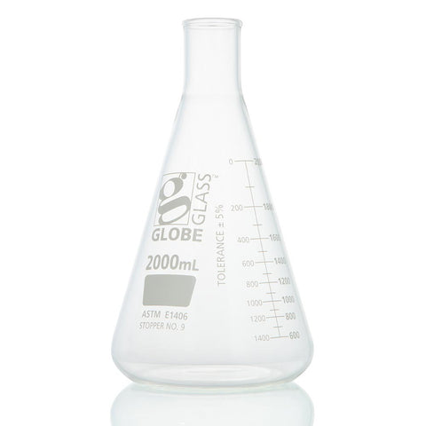 Flask, Erlenmeyer, Globe Glass, 2000mL, Heavy Duty, Narrow Mouth, Dual Graduations, ASTM E1406, 1/Box