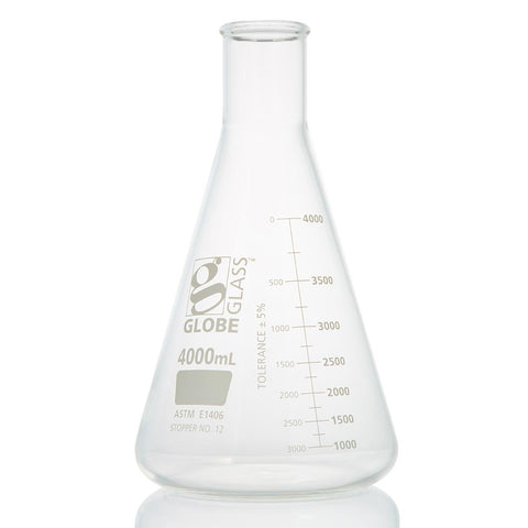 Flask, Erlenmeyer, Globe Glass, 4000mL, Heavy Duty, Narrow Mouth, Dual Graduations, ASTM E1406, 1/Box