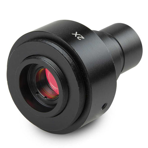 Universal SLR adapter with built-in 2x lens for standard 23.2mm tube. Needs T2 adapter