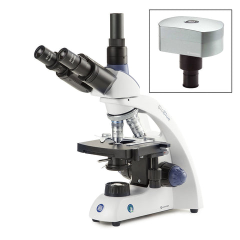 BioBlue trinocular microscope SMP 4/10/S40/S100x oil objectives with mechanical stage and 1W NeoLED™ cordless illumination, with CMEX-18 Pro, 18.0MP digital USB-3 camera with 1/2.3 inch CMOS sensor