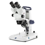 Trinocular stereo zoom microscope StereoBlue, 0.7x to 4.5x zoom objective, magnification from 7x to 45x, ergonomically stand with incident and transmitted LED illumination